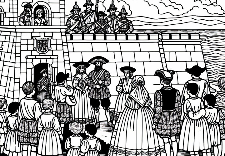 Fortăreață la mare – Desen de colorat din epoca de aur a Spaniei