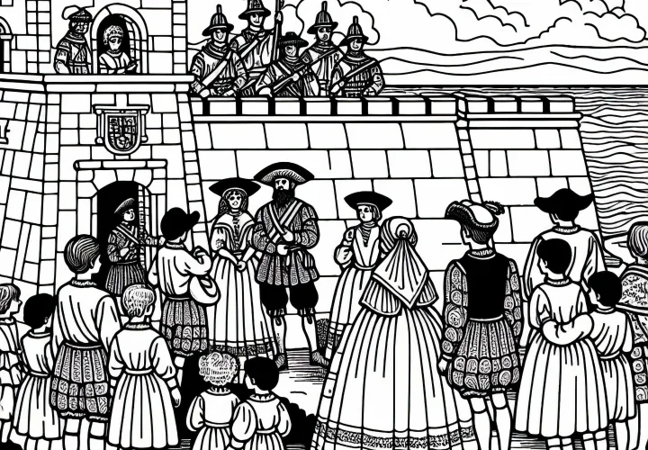 Крепость у моря – раскраска из золотого века Испании