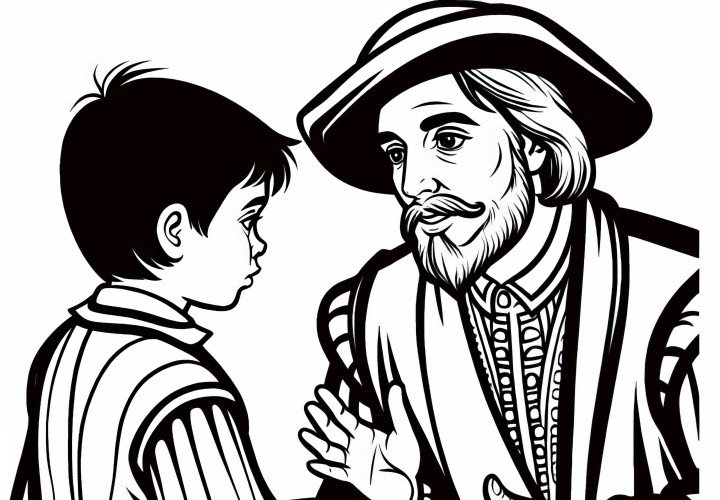 Băiatul ascultă un adult care vorbește despre o descoperire - Imagine de colorat Timpul de aur al Spaniei gratuit