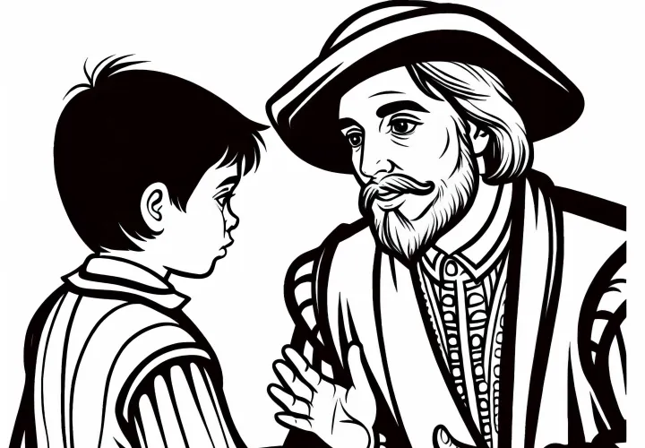 Молодой человек слушает взрослого, который рассказывает о открытии - Раскраска Золотого века Испании бесплатно