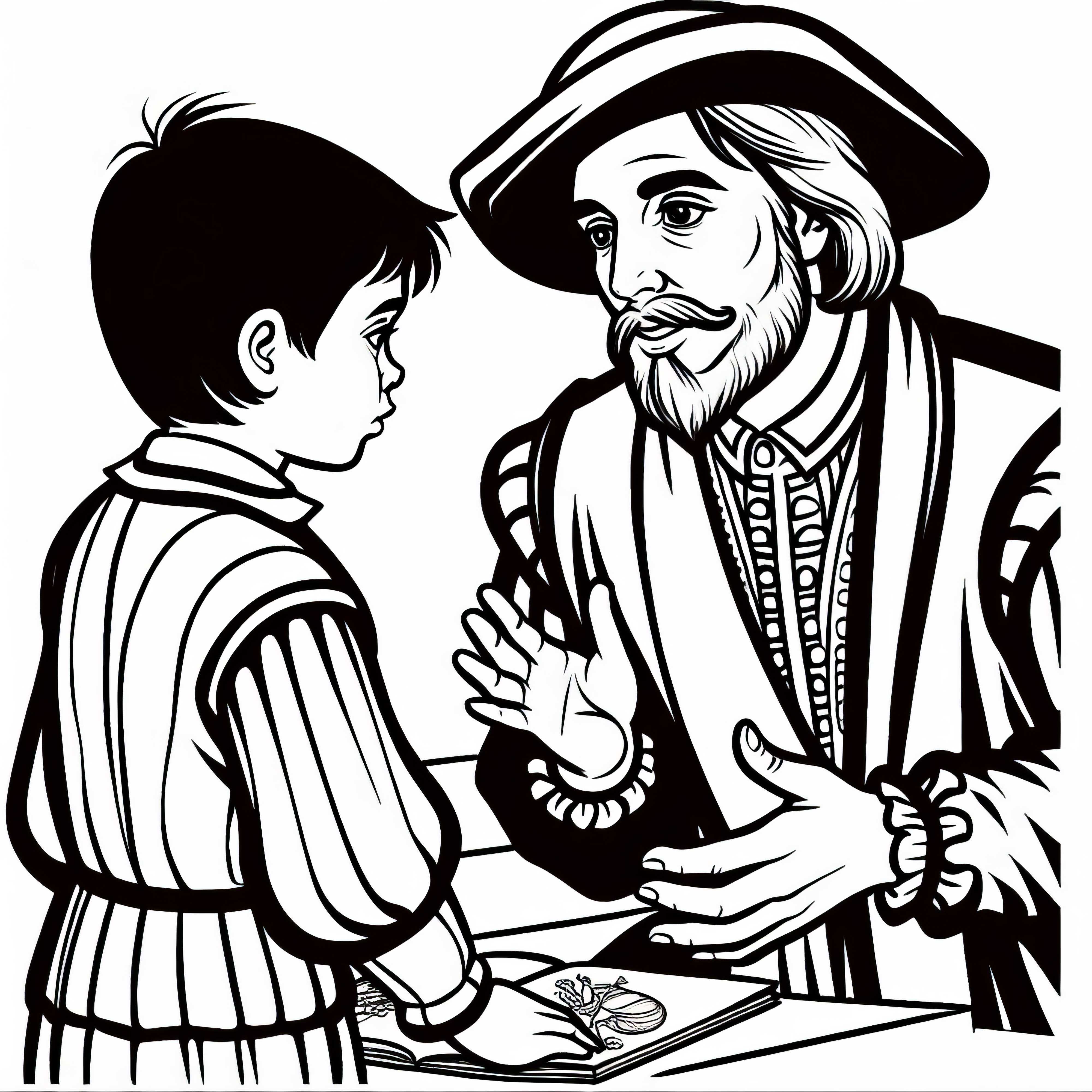 Băiatul ascultă un adult care povestește despre o descoperire - Desen de colorat despre Epoca de Aur a Spaniei gratuit