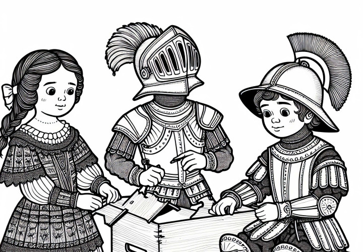 Copiii realizează căști și pectorale din carton Model de colorat Epoca de Aur Spania Gratuit