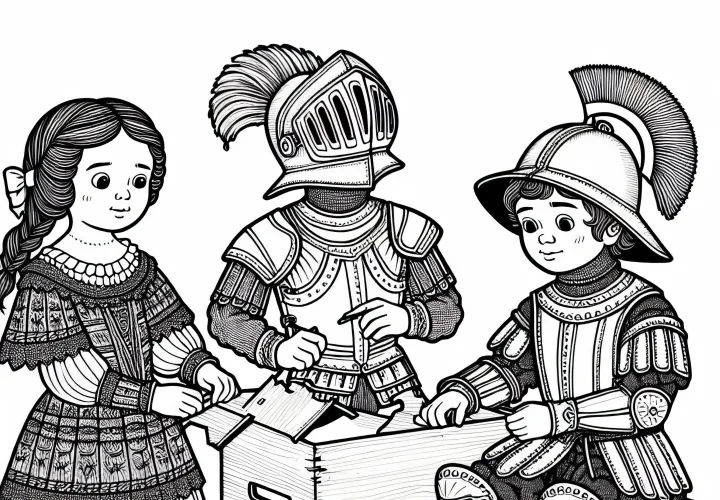 Дети делают шлемы и бронепластины из картона Раскраска Золотого века Испании Бесплатно