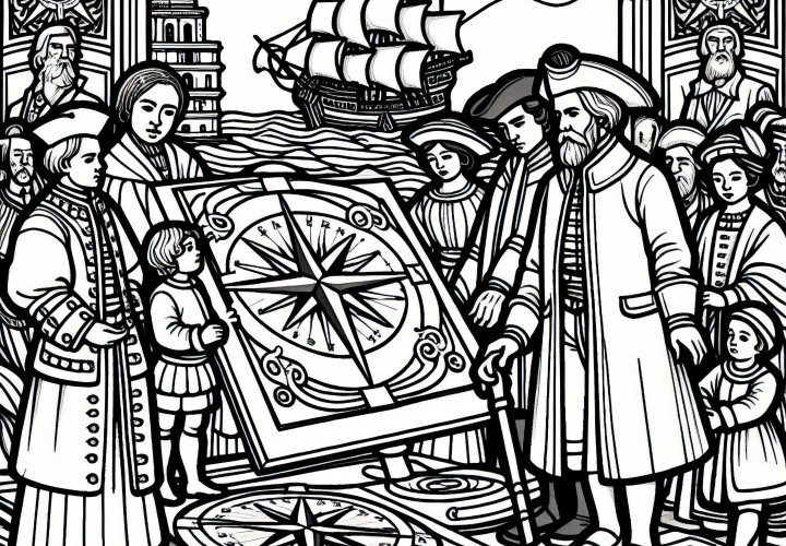 Harta marină cu busolă ca model de colorat din Epoca de Aur a Spaniei Gratuit