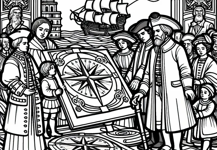 Морская карта с компасом в качестве раскраски из Золотого века Испании бесплатно