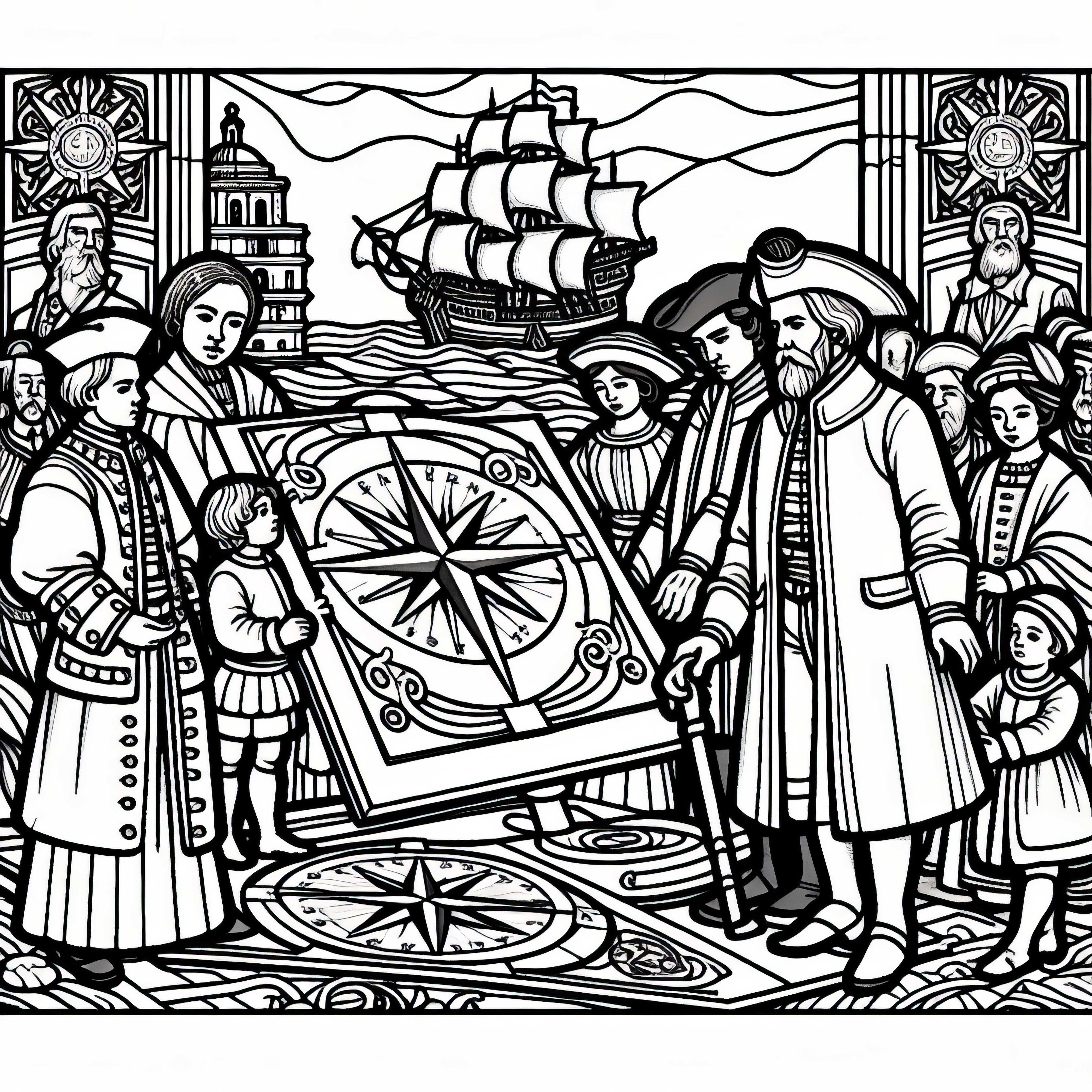 Hartă maritimă cu roză forestieră ca model de colorat din Epoca de Aur a Spaniei Gratuit