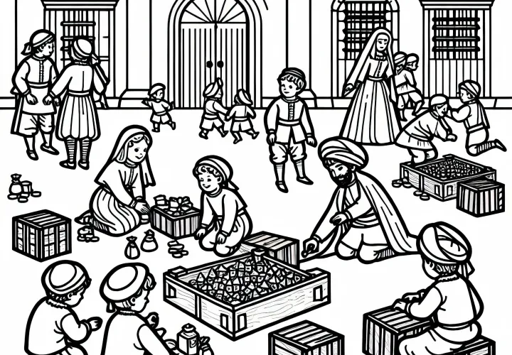 Дети играют на площадке – раскраска Золотого века Испании бесплатно