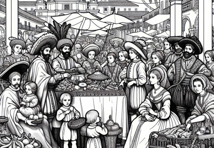 Piață cu bunuri exotice – Imagine de colorat din epoca de aur a Spaniei