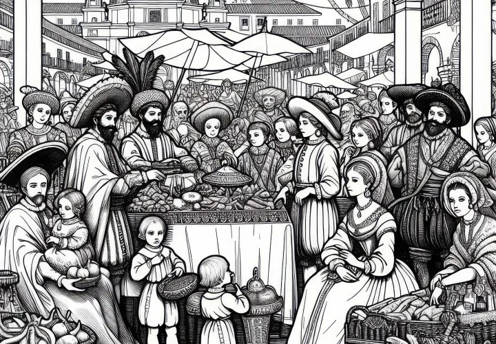 Рынок с экзотическими товарами – раскраска из золотого века Испании