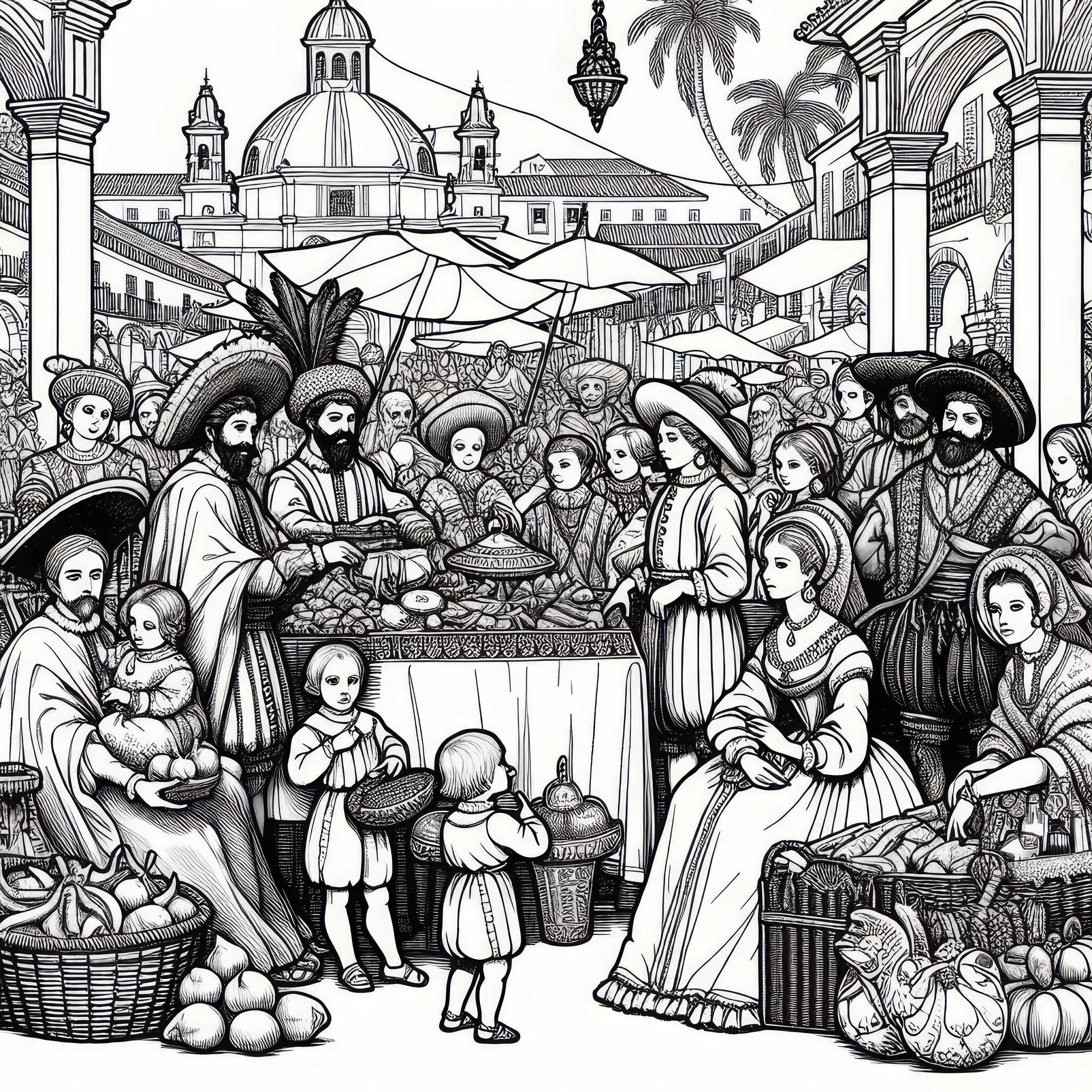 Piață cu bunuri exotice – Imagine de colorat din era de aur a Spaniei