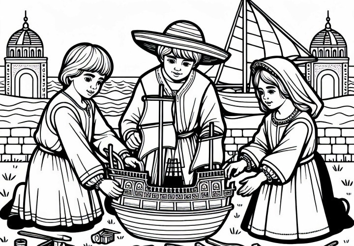 Copii la reconstruirea unui model de navă în miniatură – Pagină de colorat din perioada de aur a Spaniei