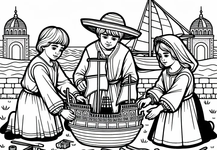 Дети собирают миниатюрную модель корабля - раскраска из золотой эпохи Испании