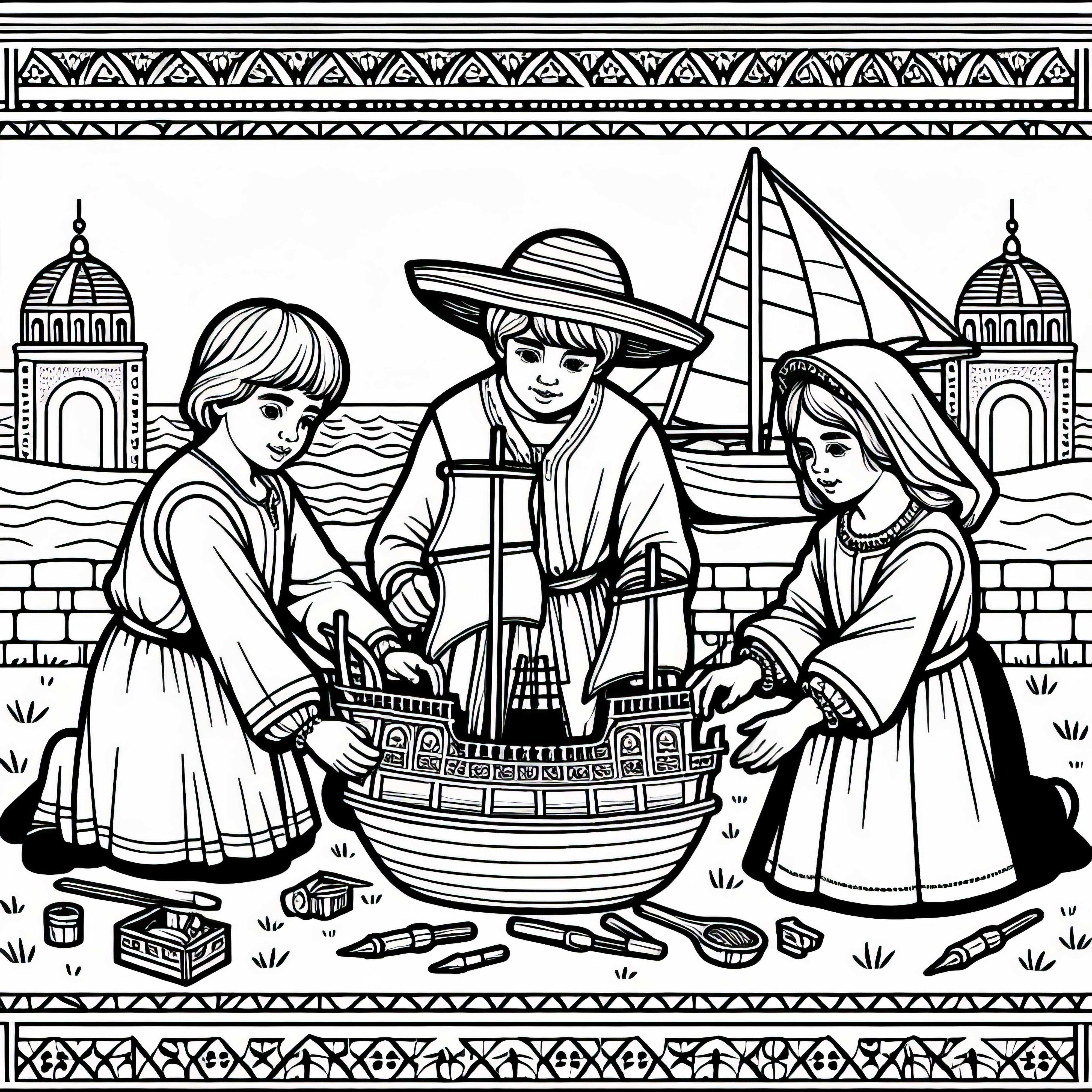 Copii construind un model de navă miniatural – planșă de colorat din perioada de aur a Spaniei