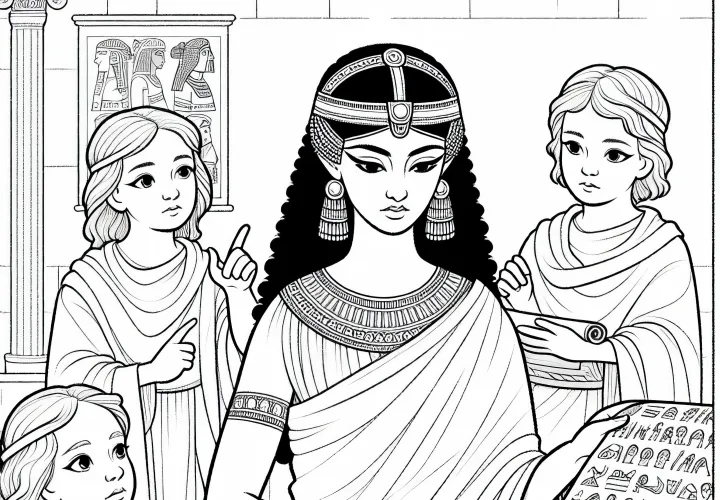 Клеопатра с свитками – Бесплатная раскраска исторических женских фигур