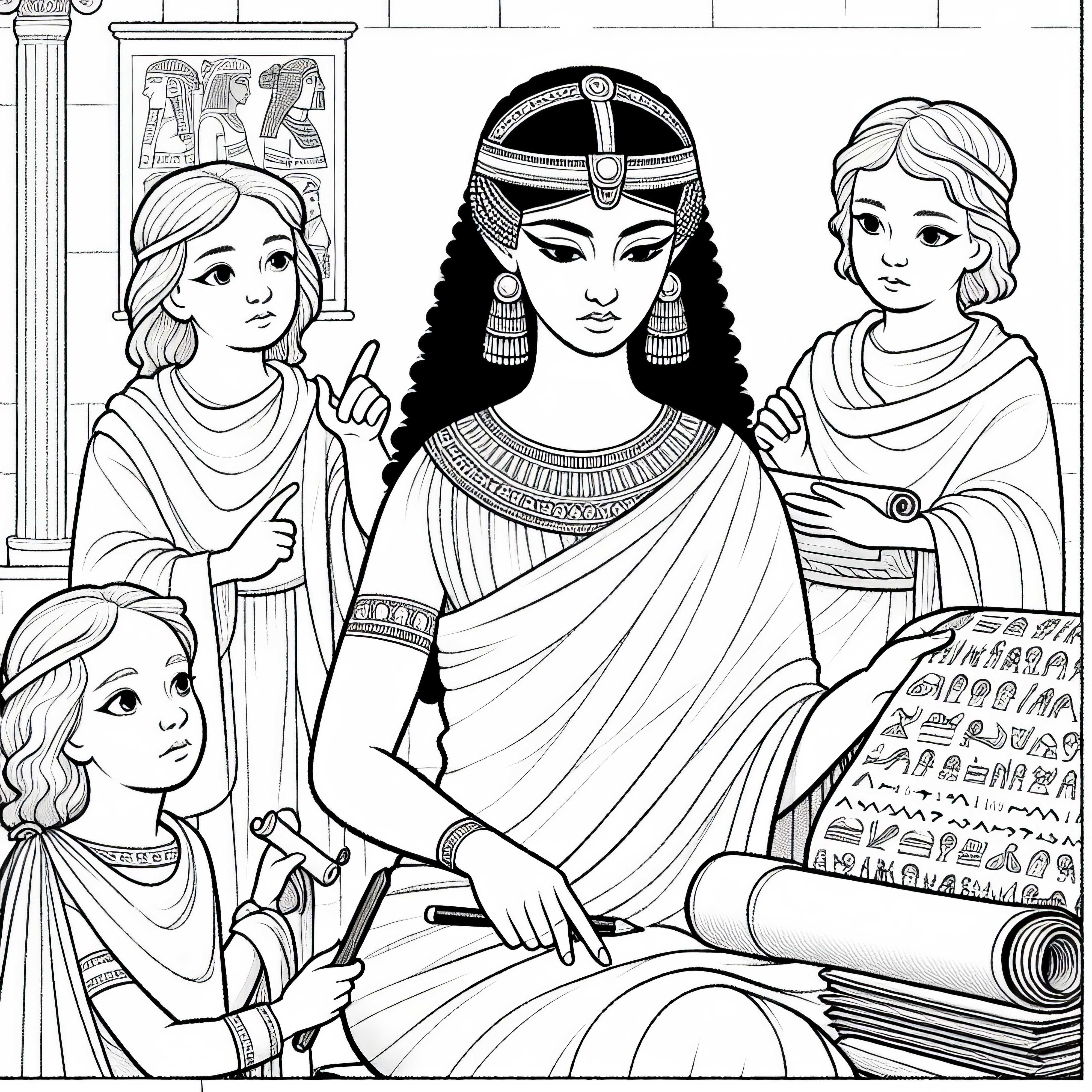 Kleopátra tekercsekkel – Ingyenes színezőlap történelmi női alakokhoz Kleopátra tekercsekkel – Történelmi női alakok ingyenes színezőlapja