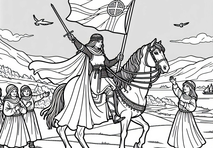 Jeanne d'Arc lóháton zászlóval - Történelmi női alakok színező ingyenesen