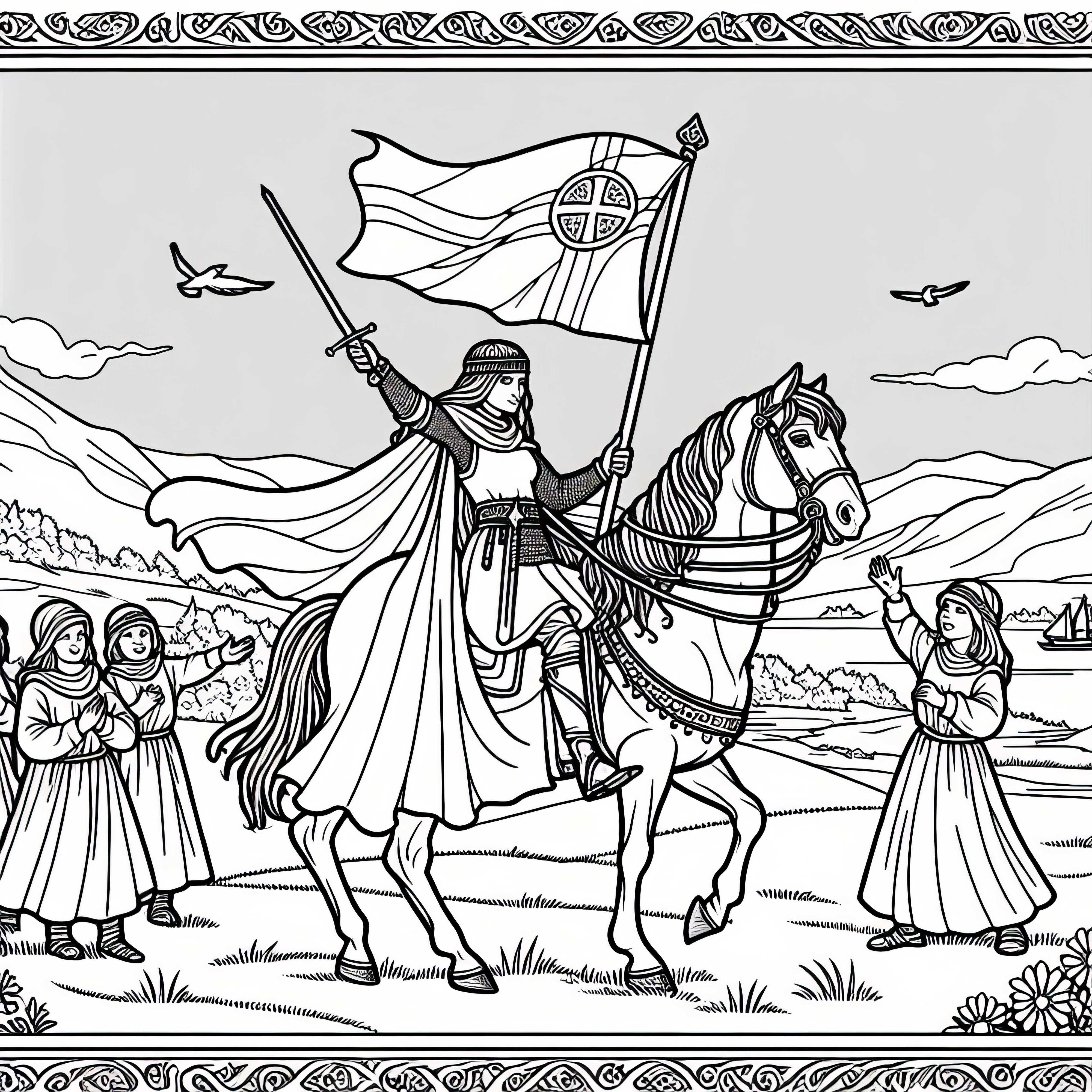 Jeanne d'Arc lóháton zászlóval - Történelmi női alakok ingyenes színező