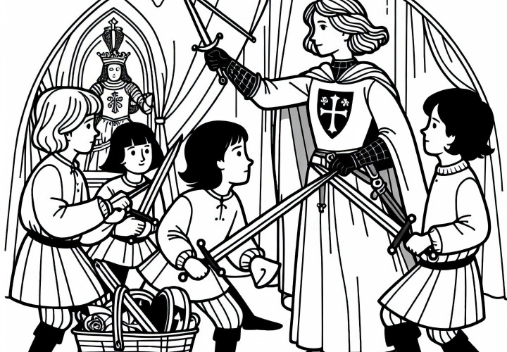 Gyerekek játszanak fadarabokkal – Egy jelenet Jeanne d'Arc történetéből