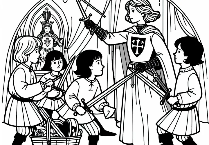 Дети играют с деревянными мечами – Сцена из истории Жанны д'Арк