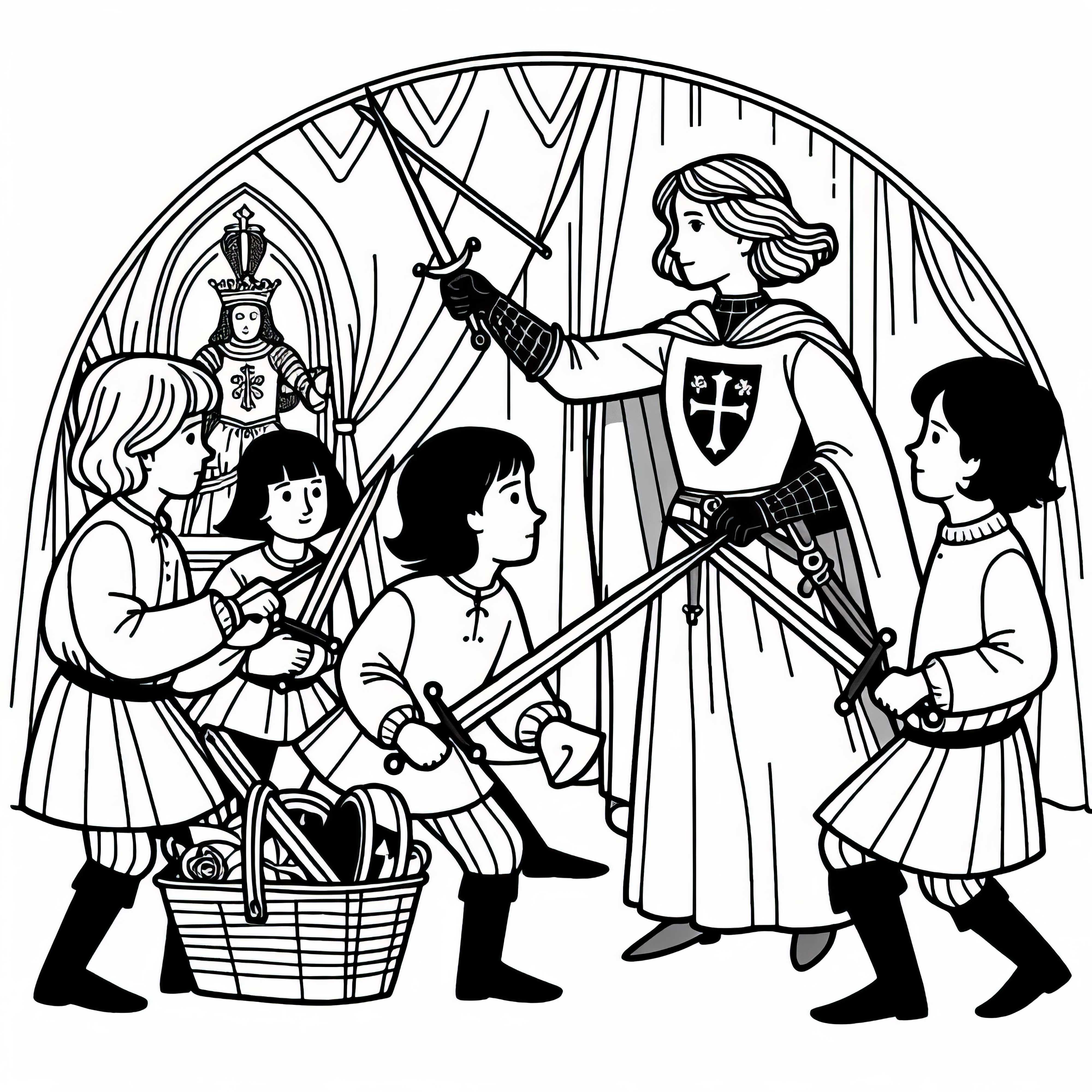 Gyerekek fából készült kardokkal játszanak – Egy jelenet Jeanne d'Arc történetéből