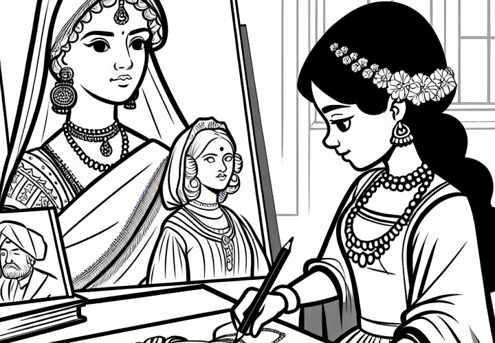 Lány egy történelmi királynő portréját festi – Színező kép történelmi női karakterekhez