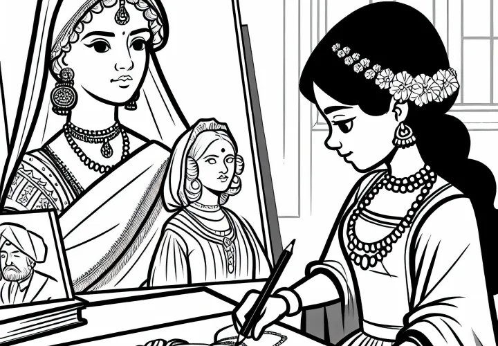 Девочка рисует портрет исторической королевы – раскраска для исторических женщин