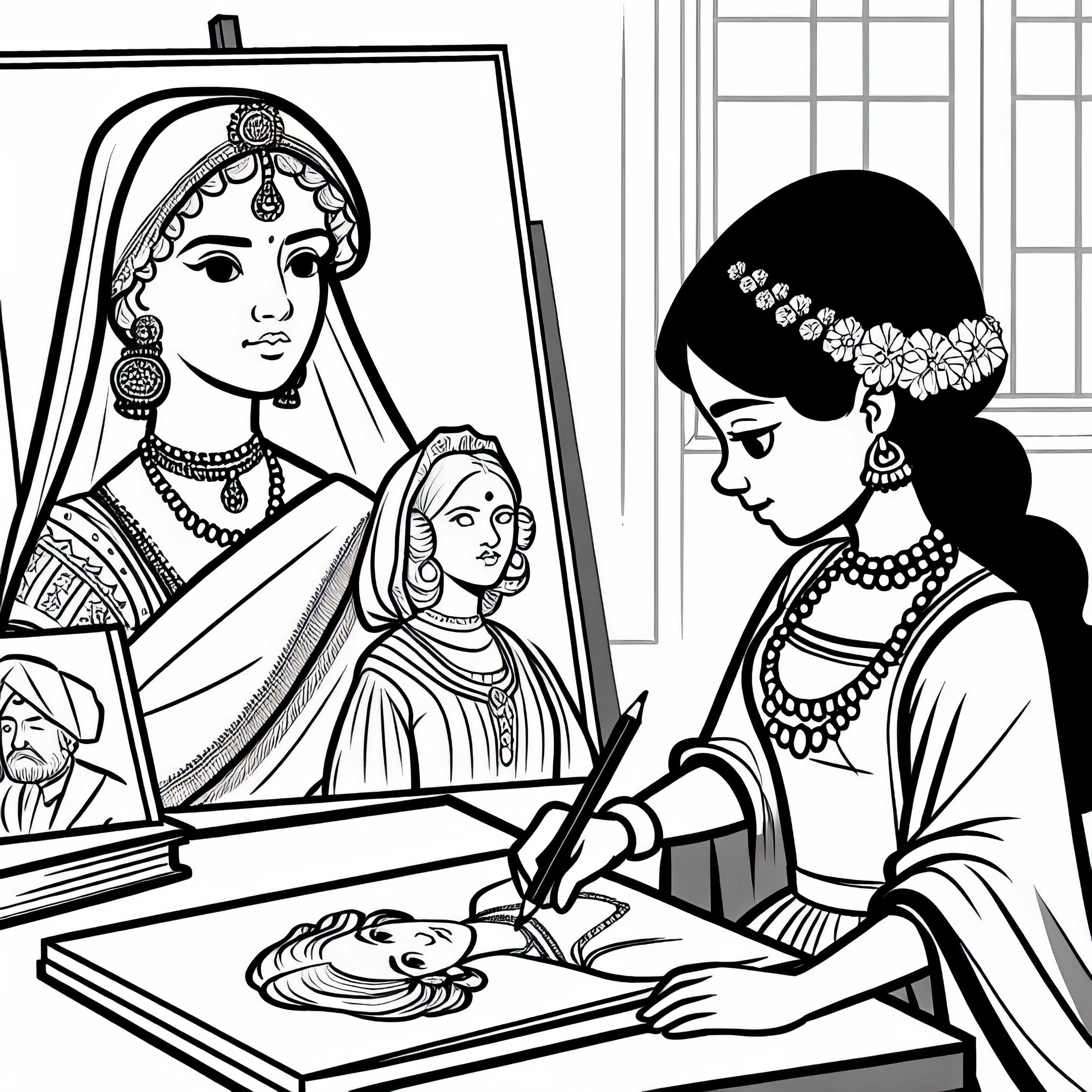 Lány egy történelmi királynő portréját festi - Színező a történelmi női alakokhoz