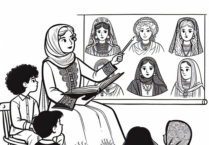 Feszülten hallgatva, ahogy a tanárnő a történelem nagy nőiről mesél - színezőoldal történelmi női alakokhoz