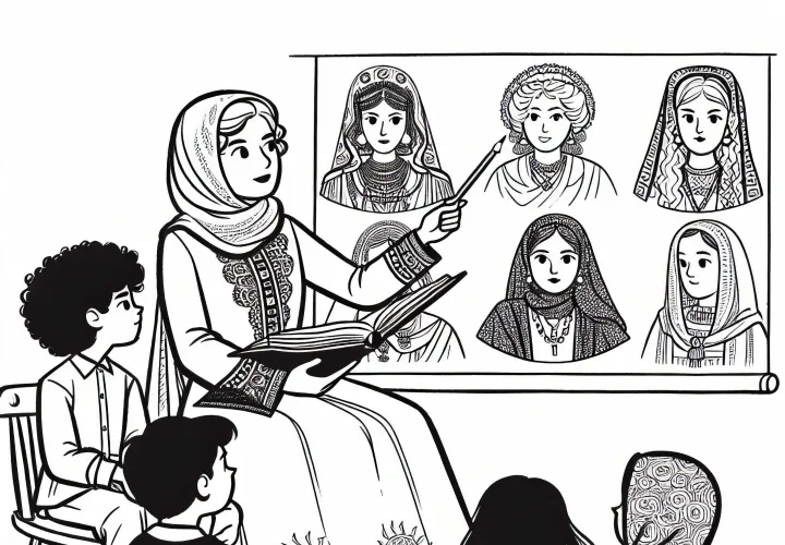 С интересом слушая, как учительница рассказывает о великих женщинах истории – раскраска с историческими женскими персонажами