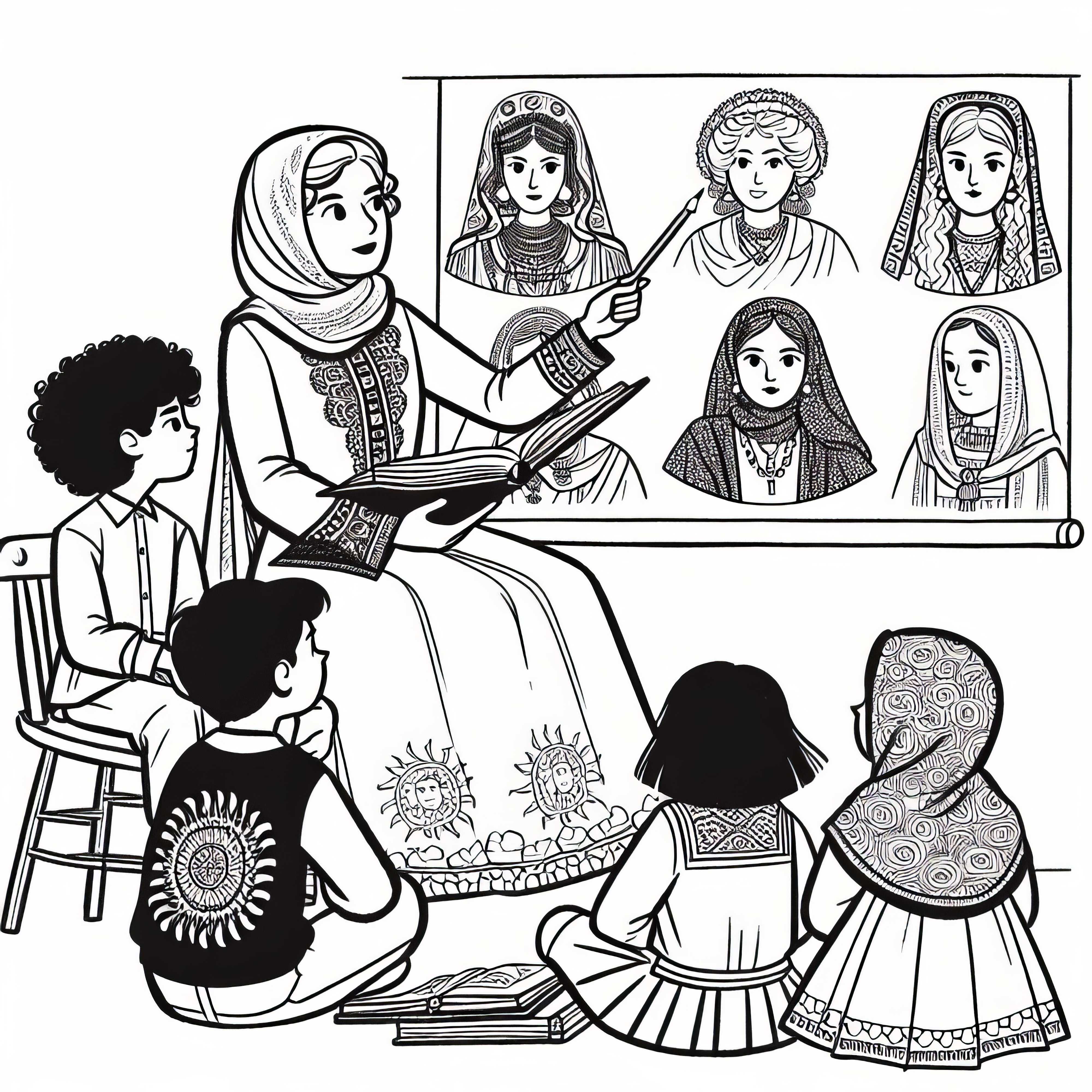 Feszülten hallgatva figyelik, ahogy a tanárnő a történelem nagy női alakjairól mesél – Történelmi női figurák színezőképe Feszülten hallgatva figyelik, ahogy a tanárnő a történelem nagy nőiről mesél – Történelmi női alakok színezőképe