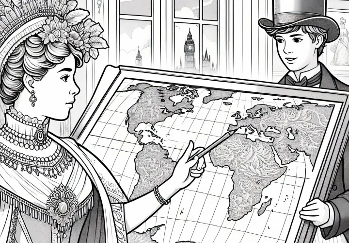 Женщина указывает на карту мира во времена Виктории - Бесплатный раскраски исторических женских фигур