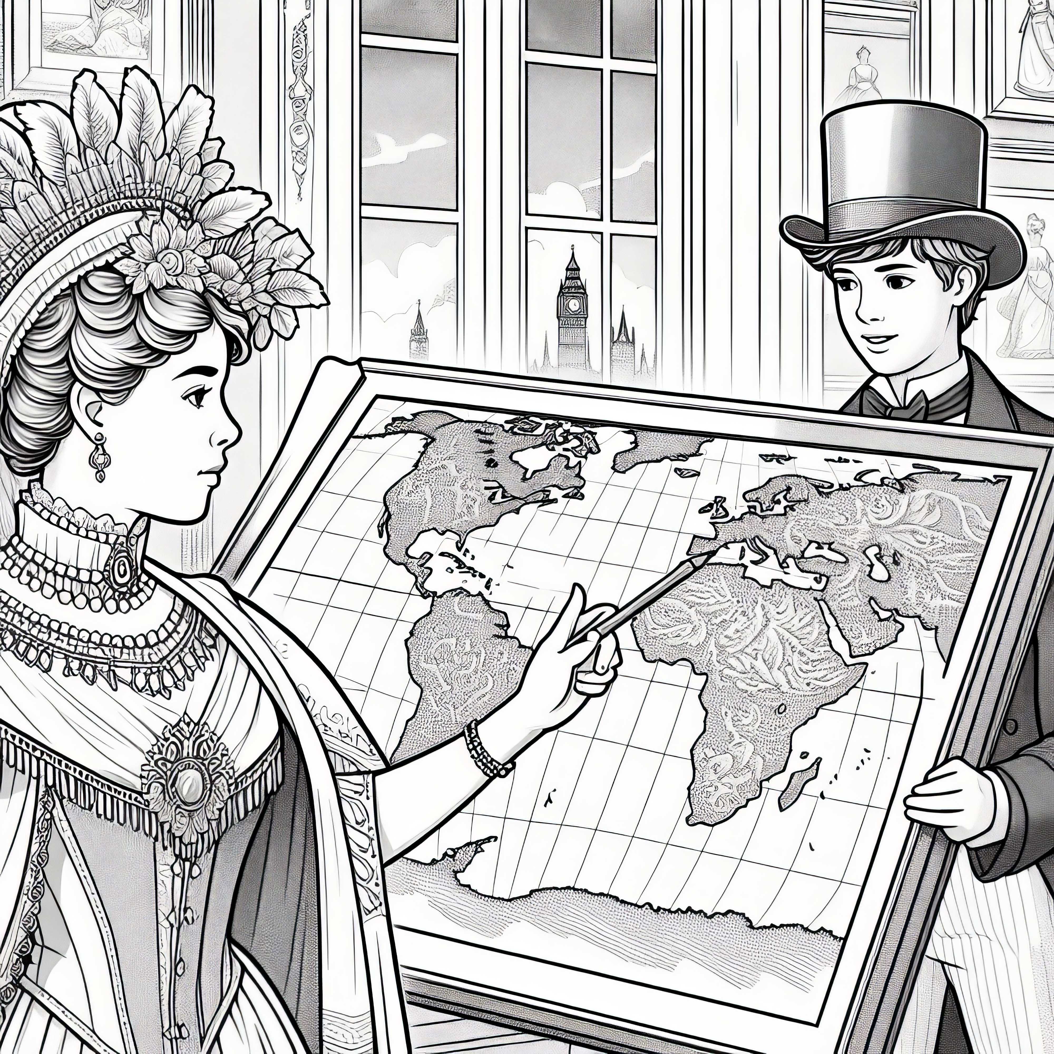 Nő mutat a világtérképre Viktória idejében - ingyenes színező lap történelmi női alakokhoz