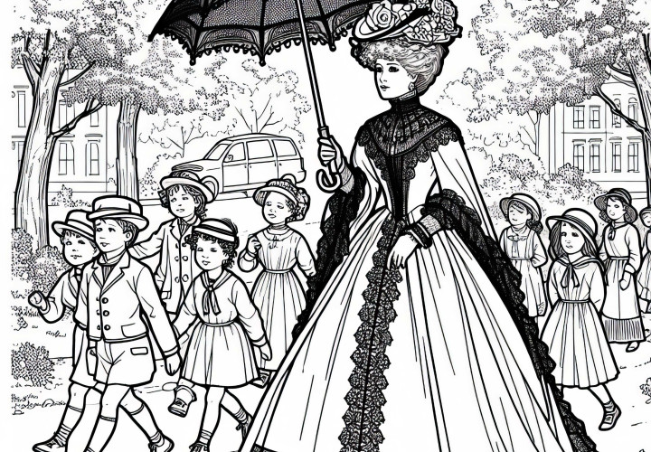 Victoria királynő esernyővel a parkban tett sétája – Történelmi női alakokat ábrázoló színező kép ingyenesen