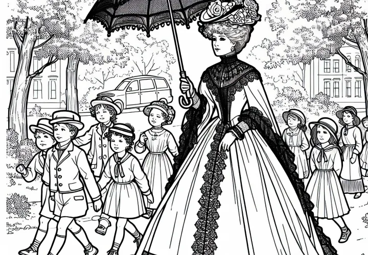 Королева Виктория с зонтом на прогулке по парку - раскраска исторических женских фигур бесплатно