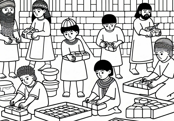 Børn former lersten i sumerisk byggeplads farvelægningsskabelon ældste civilisationer gratis