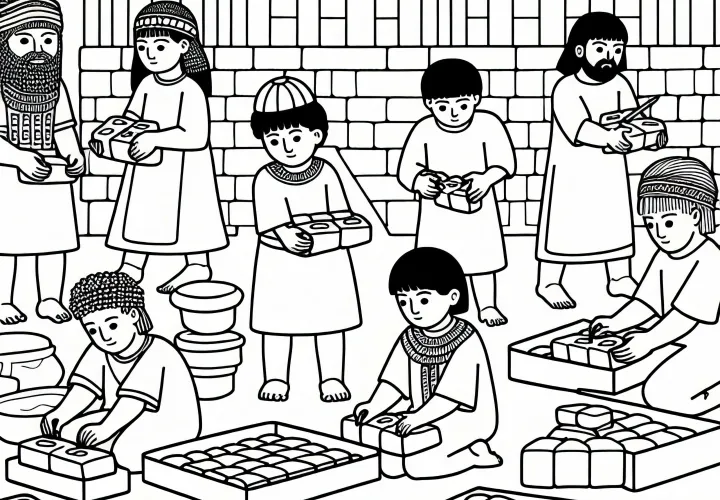 Дети формируют глиняные кирпичи на шумерской строительной площадке. Раскраска древнейших цивилизаций бесплатно