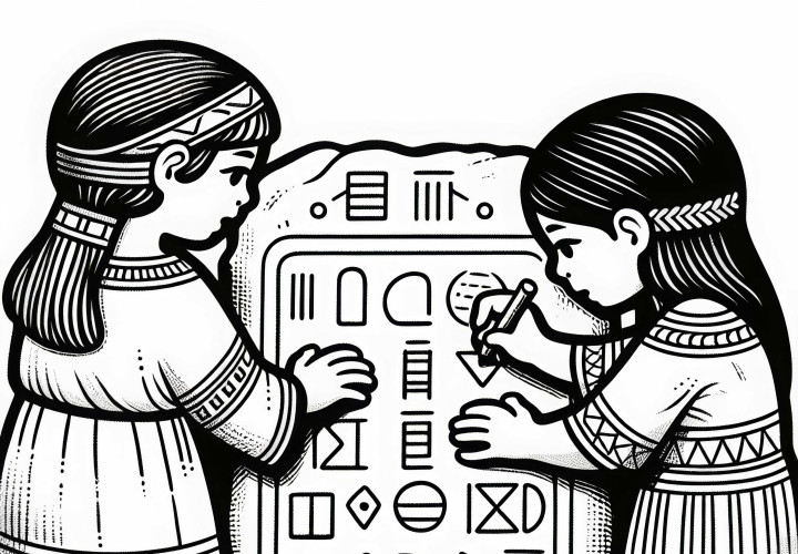 Børn beskæftiger sig med at beskrive lerplader med symboler – gratis farvelægningsbillede af de ældste civilisationer