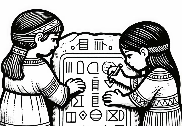 Дети подписывают глиняные таблички символами - Раскрашка древнейших цивилизаций бесплатно