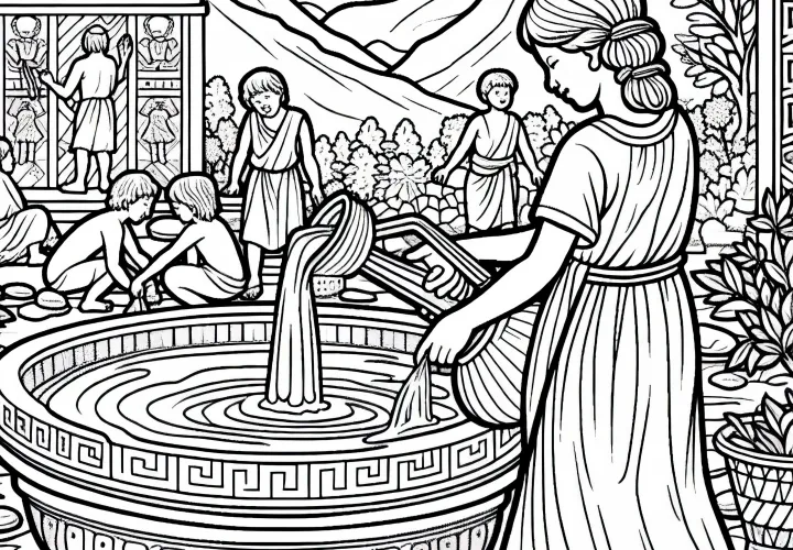 Водный бассейн на историческом фоне – Раскраска самых древних цивилизаций бесплатно