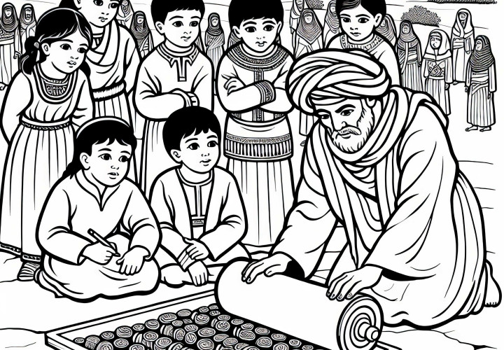 Børn observerer sumererne, mens de ruller en cylindrisk segl - Malebillede af de ældste civilisationer gratis