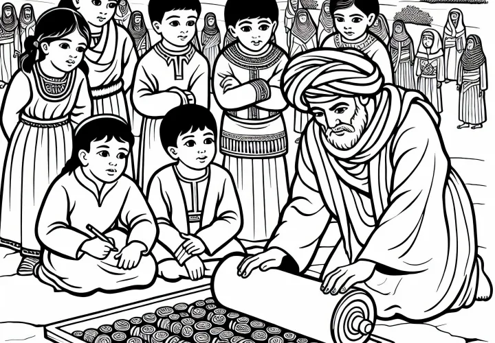 Дети наблюдают за шумерами, которые катят цилиндрическую печать – Раскраска древнейших цивилизаций бесплатно