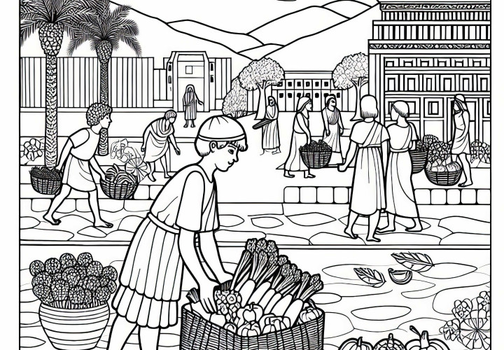 Dreng bringer grøntsager i kurve til markedet - Malerlandsblad ældste civilisationer gratis