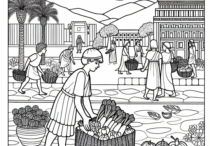 Мальчик приносит овощи в корзинах на рынок – раскраска древнейших цивилизаций бесплатно