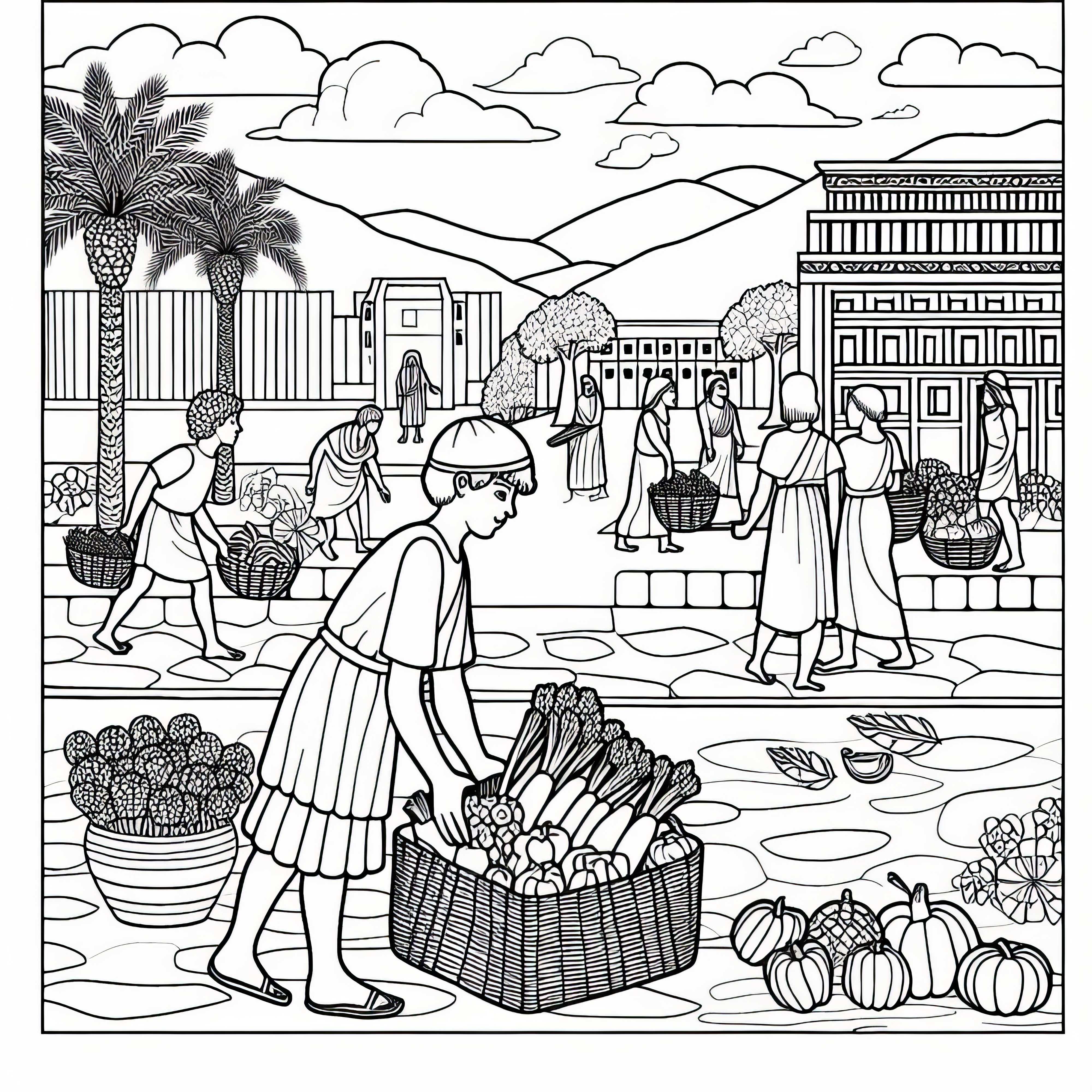 Dreng bringer grøntsager i kurve til markedet - Maleblanc til ældste civilisationer gratis Dreng bringer grøntsager i kurve til torvet - Malerier til ældste civilisationer gratis