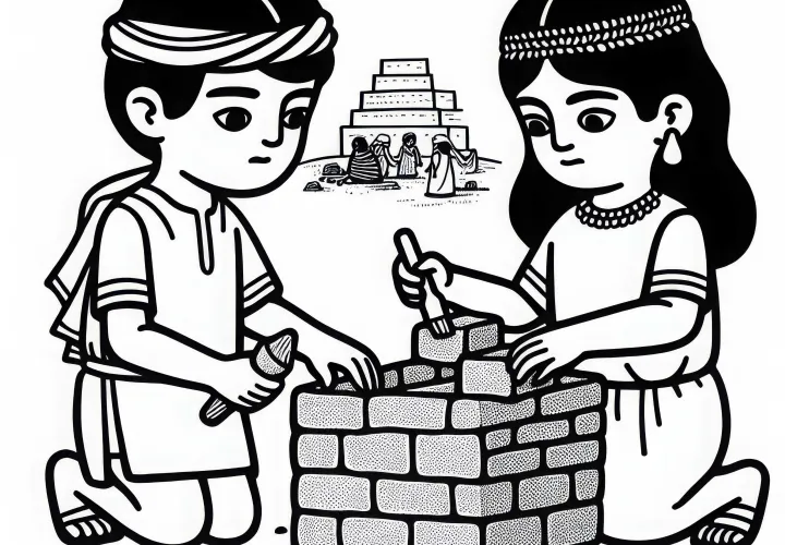 Дети строят маленькую стену из глиняных блоков – раскраска древнейших цивилизаций бесплатно