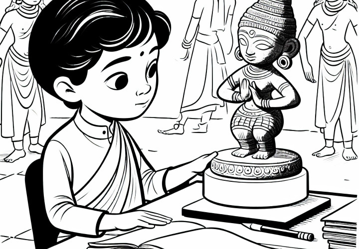 Barn ser på figur i form af en dansende pige – Induskultur farvelægningsbillede ældste civilisationer gratis