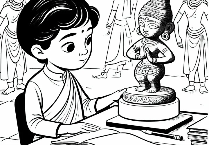 Ребенок смотрит на фигуру в форме танцующей девушки – Индская культура. Бесплатная раскраска древнейших цивилизаций