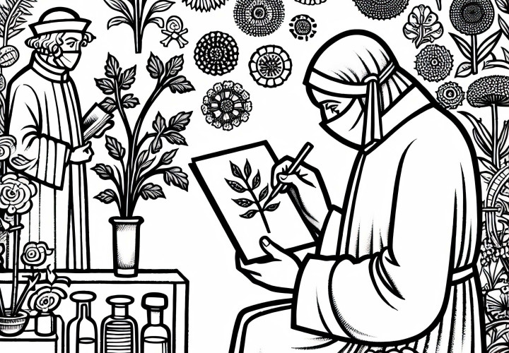 Жената рисува лечебно растение - безплатен шаблон за оцветяване Черната смърт