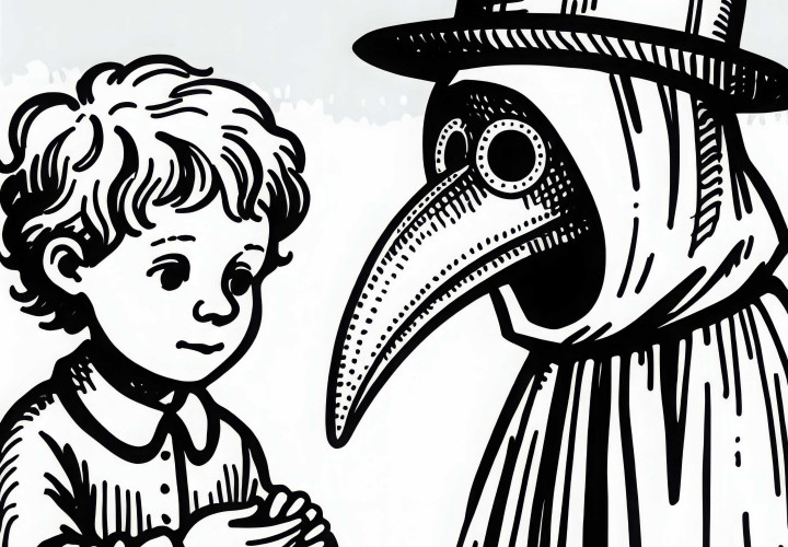 Дете любопитно разглежда маската на лекаря при чума с дълъг клюн – Оцветяваща страница Черната смърт