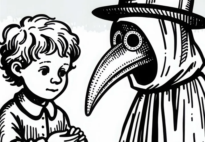 Ребёнок с любопытством рассматривает маску чумного врача с длинным клювом – раскраска Черная Смерть